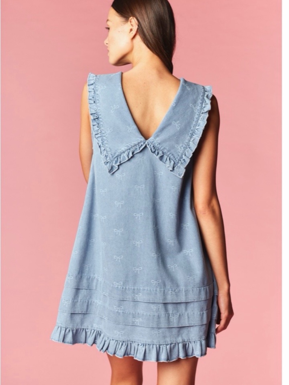 Light Blue Ruffle-Trim Mini Dress with Tie Neck - Picture 3 of 3